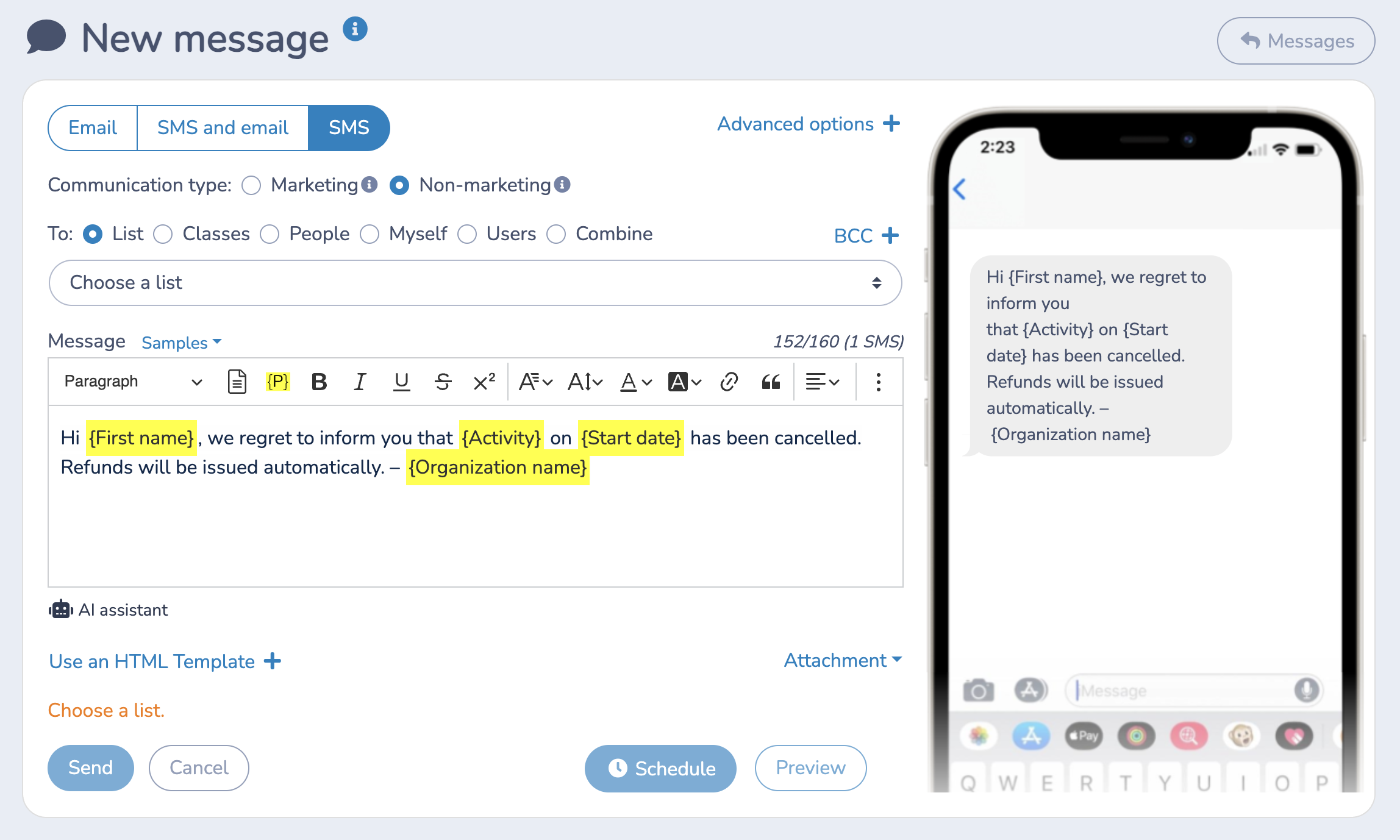 An example of using Activity Messenger to send a mass SMS for cancelling an event